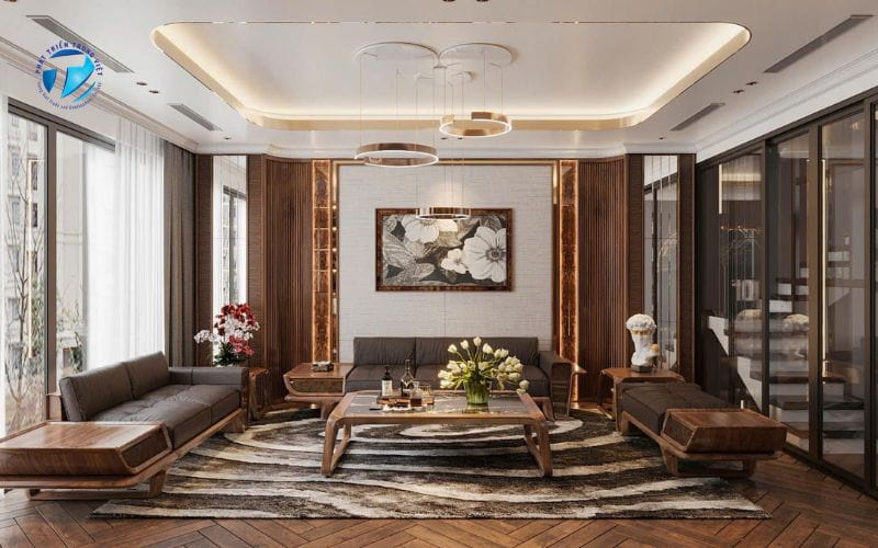 Không gian phòng khách trưng bày nội thất đồ gỗ tự nhiên
